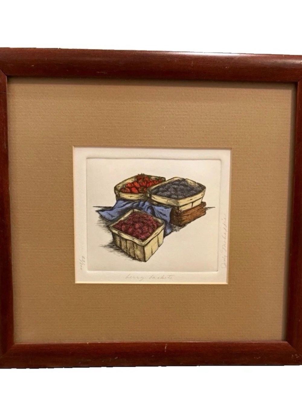Jody Mehaffie Etching | Berry Baskets | signed and numbered | 10x10 Frame